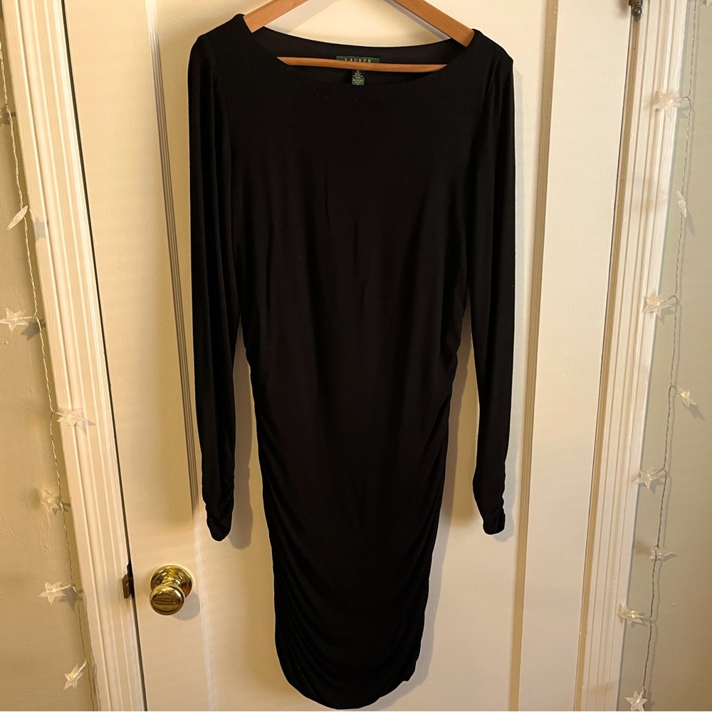 Lauren Ralph Lauren Black Long Sleeve Dress, Ruched Down Sides, Size 12